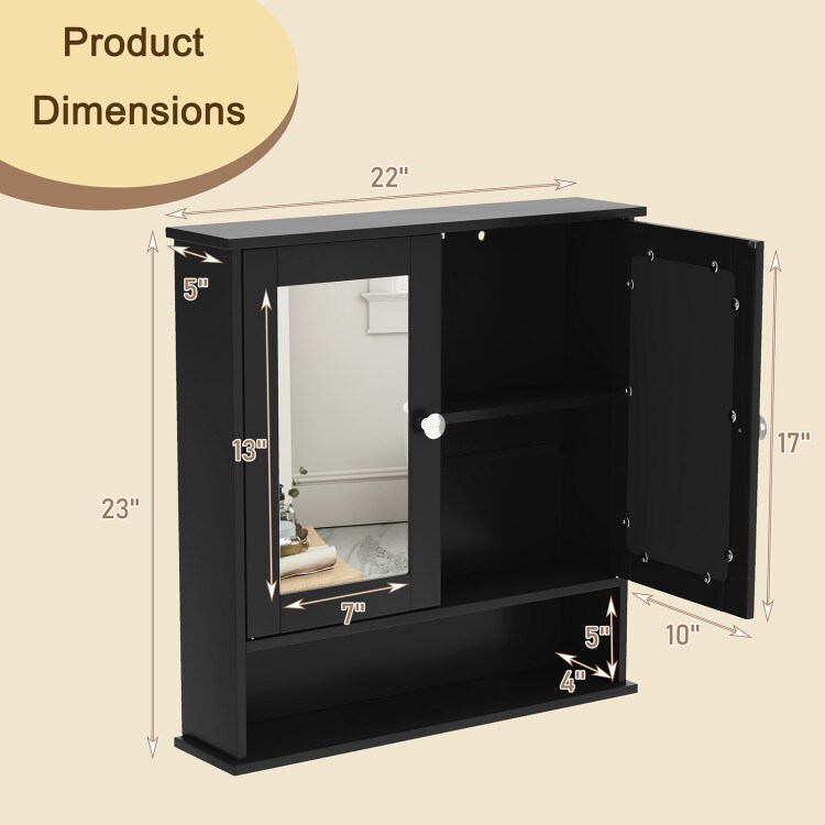 Wall Cabinet with Double Mirror Doors Adjustable Shelf Storage for Bathroom and Bedroom