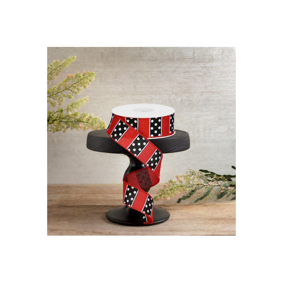 1.5&#x22; B &#x26; W Polka Dot Stripes Ribbon: Red (10 Yards)
