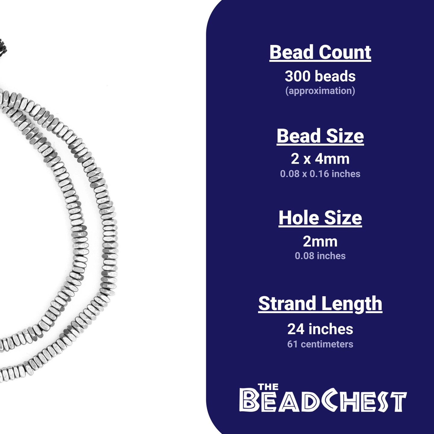 The Bead Chest Faceted Silver Square Beads 4mm White Metal Large Hole 24 Inch Strand