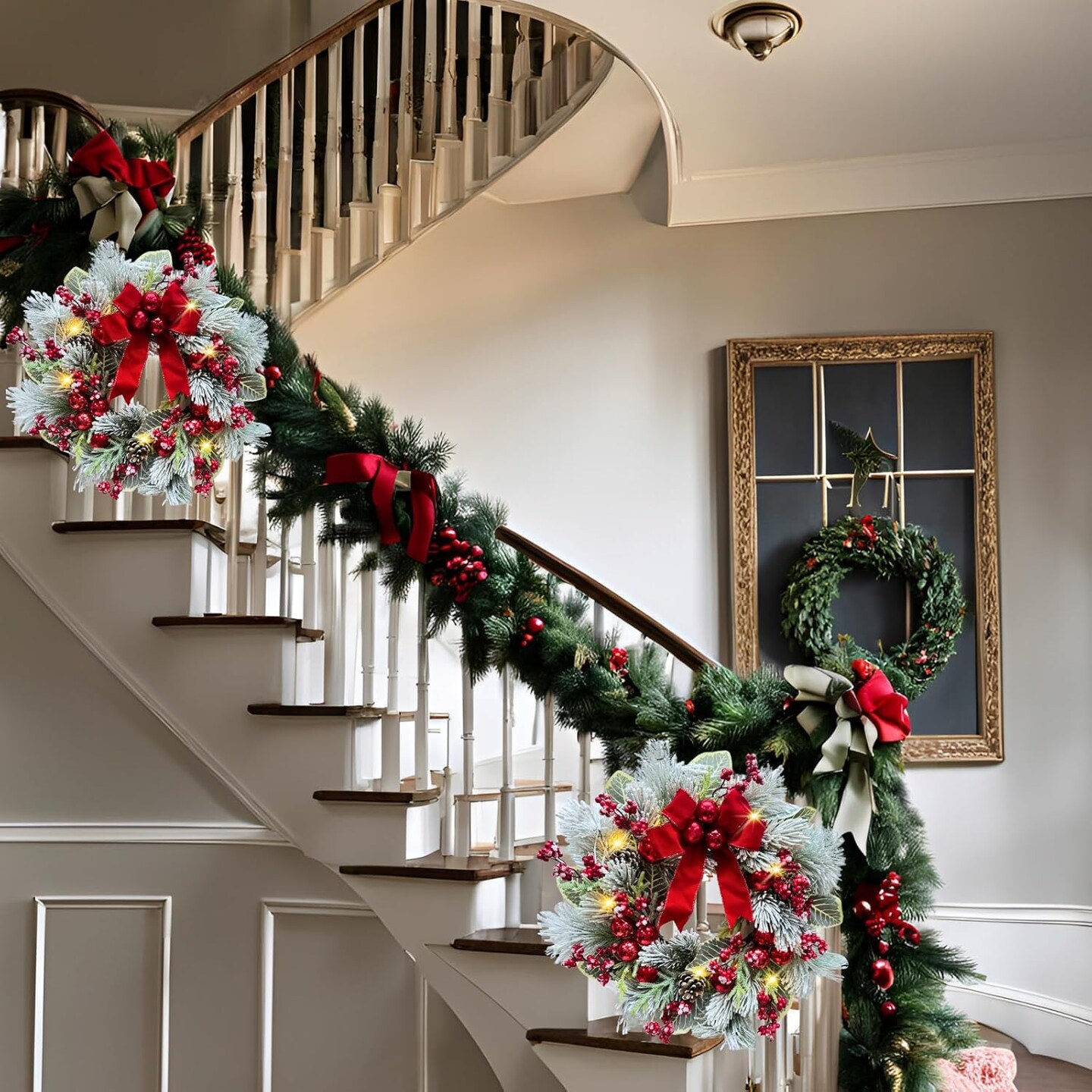 22 Inch Lighted Snow Flocked Christmas Wreath (Green/Red) 6"D x 22"W x 22"H