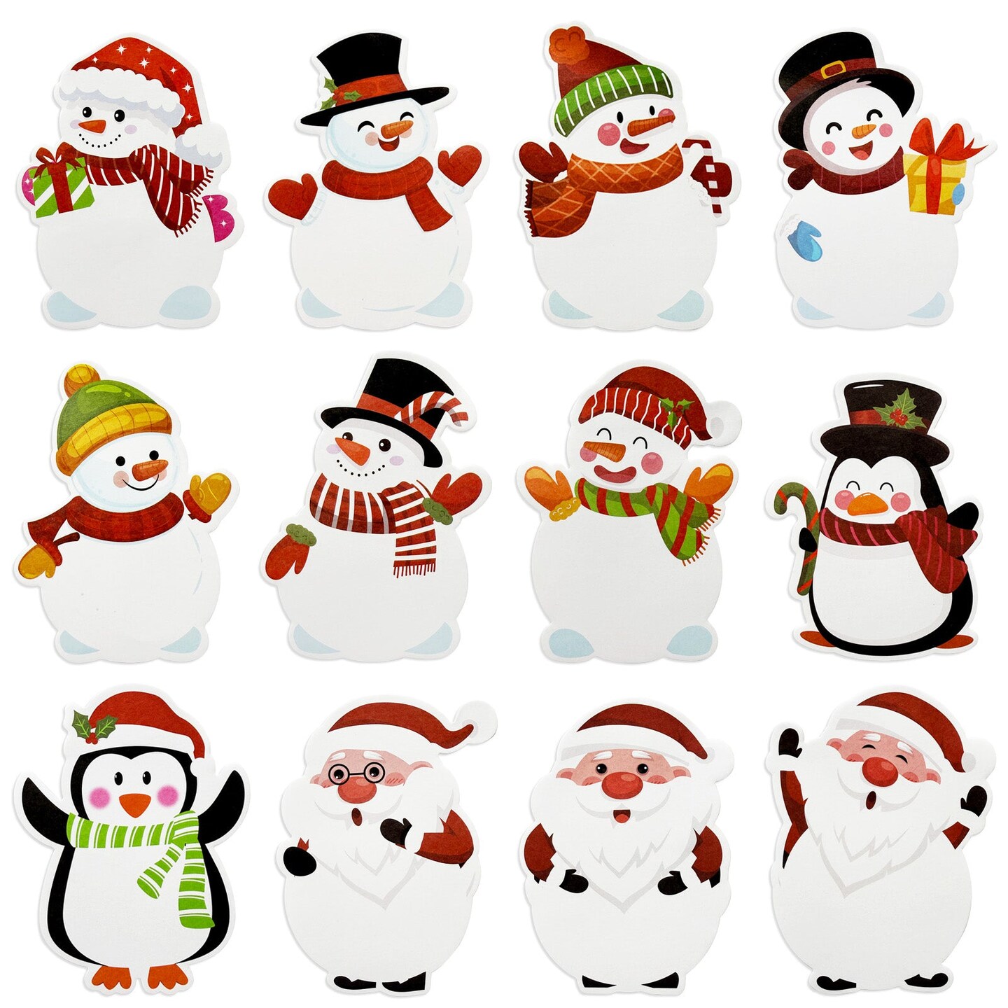 Wrapables Snowmen, Santa, and Penguin Christmas Sticky Notes, Adhesive Winter Holiday Memo Notepads for Home, Office, Work (Set of 12)