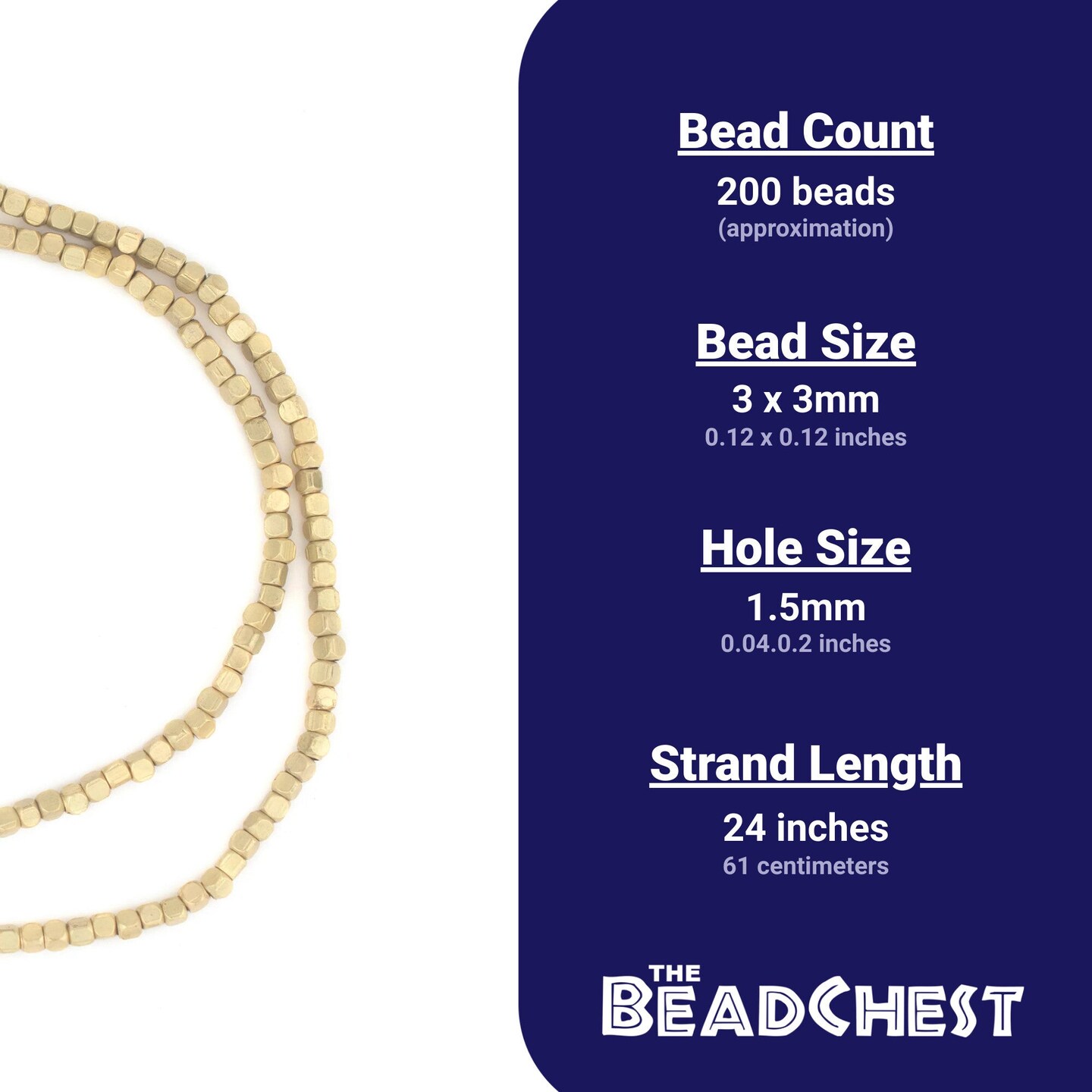 The Bead Chest Rounded Matte Brass Cube Beads 3mm 24 Inch Strand