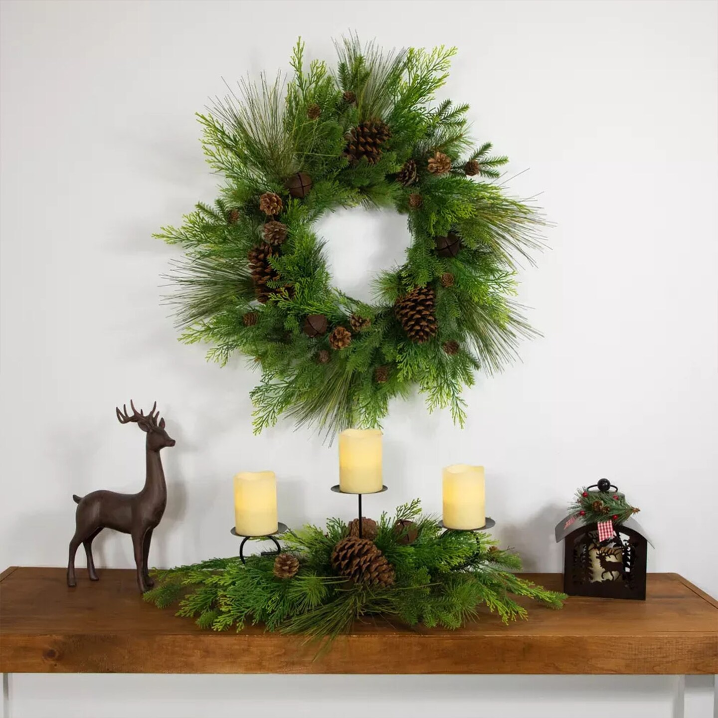 Real Touch Pinecones and Jingle Bells Artificial Christmas Wreath 26 Inch