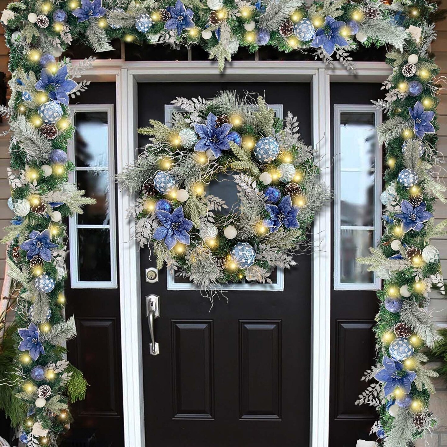 Pre-Lit 24 Inch Christmas Wreath for Front Door Silver Blue Lighted Christmas Wreath (01-sliver Blue) 18.5 x 18.03 x 5.12