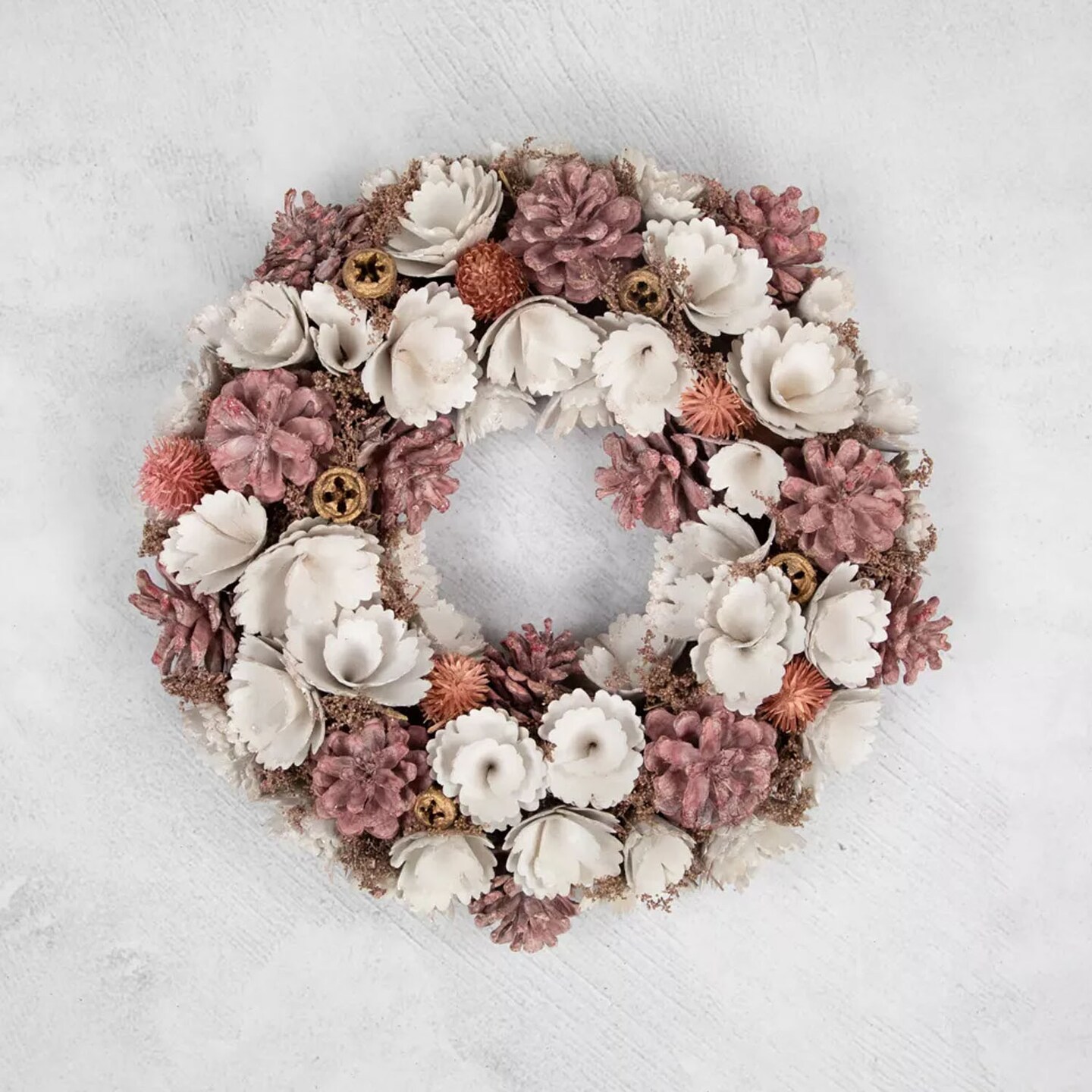 13" White and Pink Floral Christmas Wreath with Wooden Accents and Pinecones