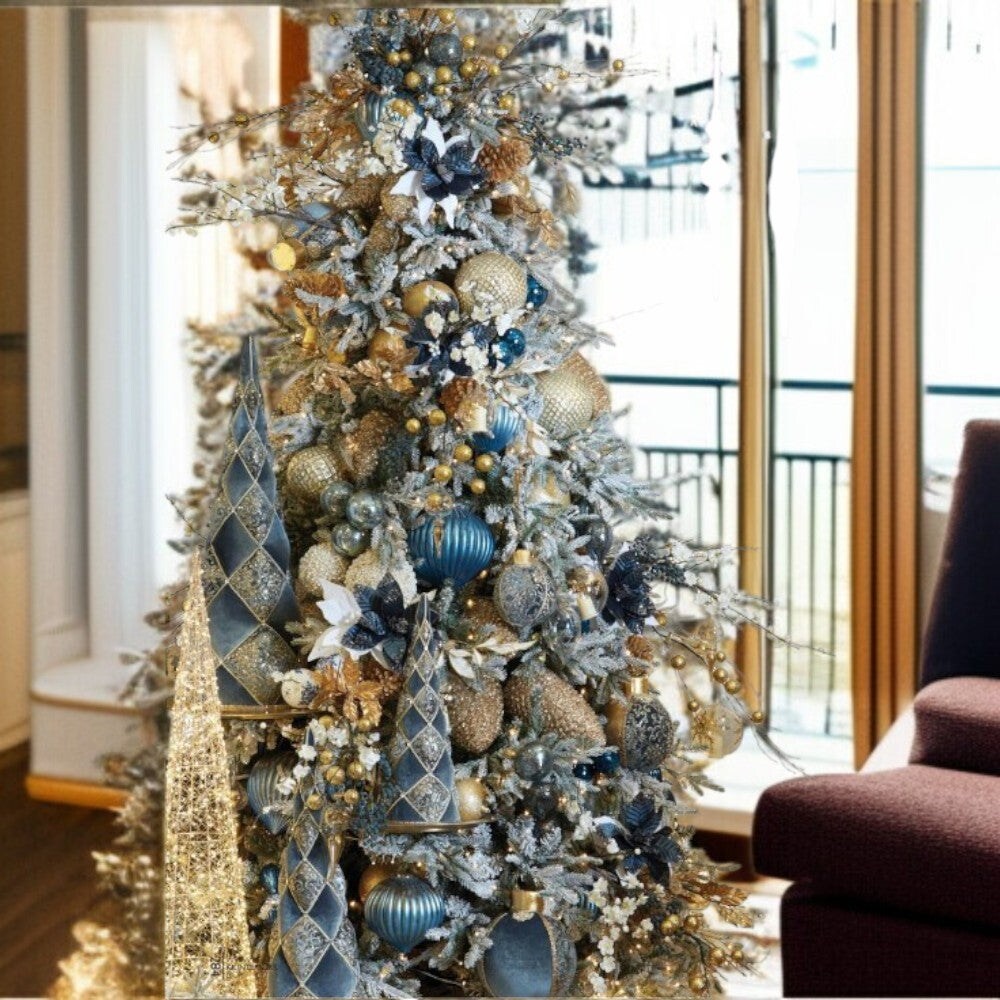 Assorted Handmade Mirrored Blue Crackled Glass Ornaments (2 Styles) &#x2013; Vintage Ribbed Finial &#x26; Round Christmas Set