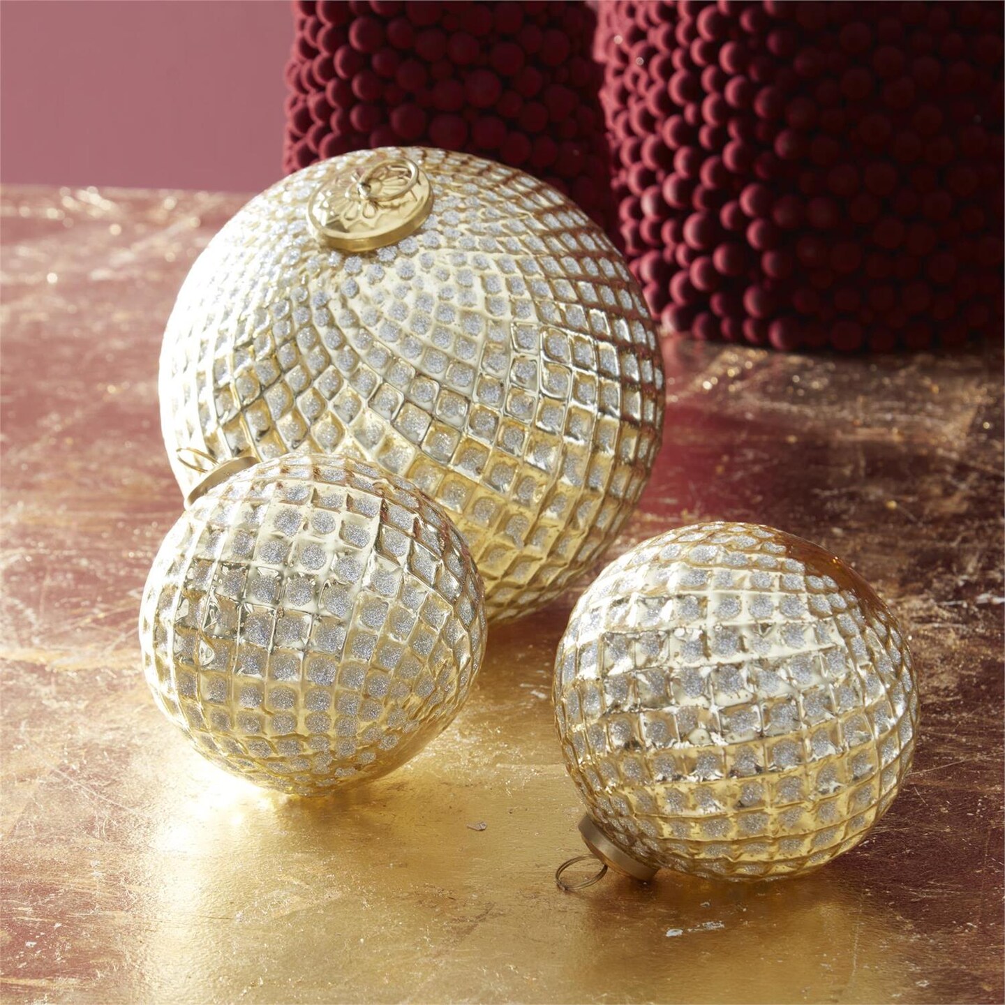 6.25&#x22; Handmade Gold Glitter Diamond Glass Ornament &#x2013; Large Vintage Embossed Round Christmas Decoration