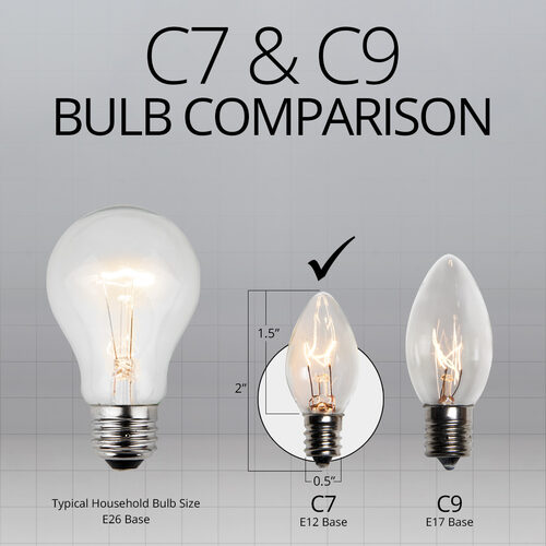25 Bulbs - C7 Transparent Clear, 5 Watt lamp, E12 - Candelabra base