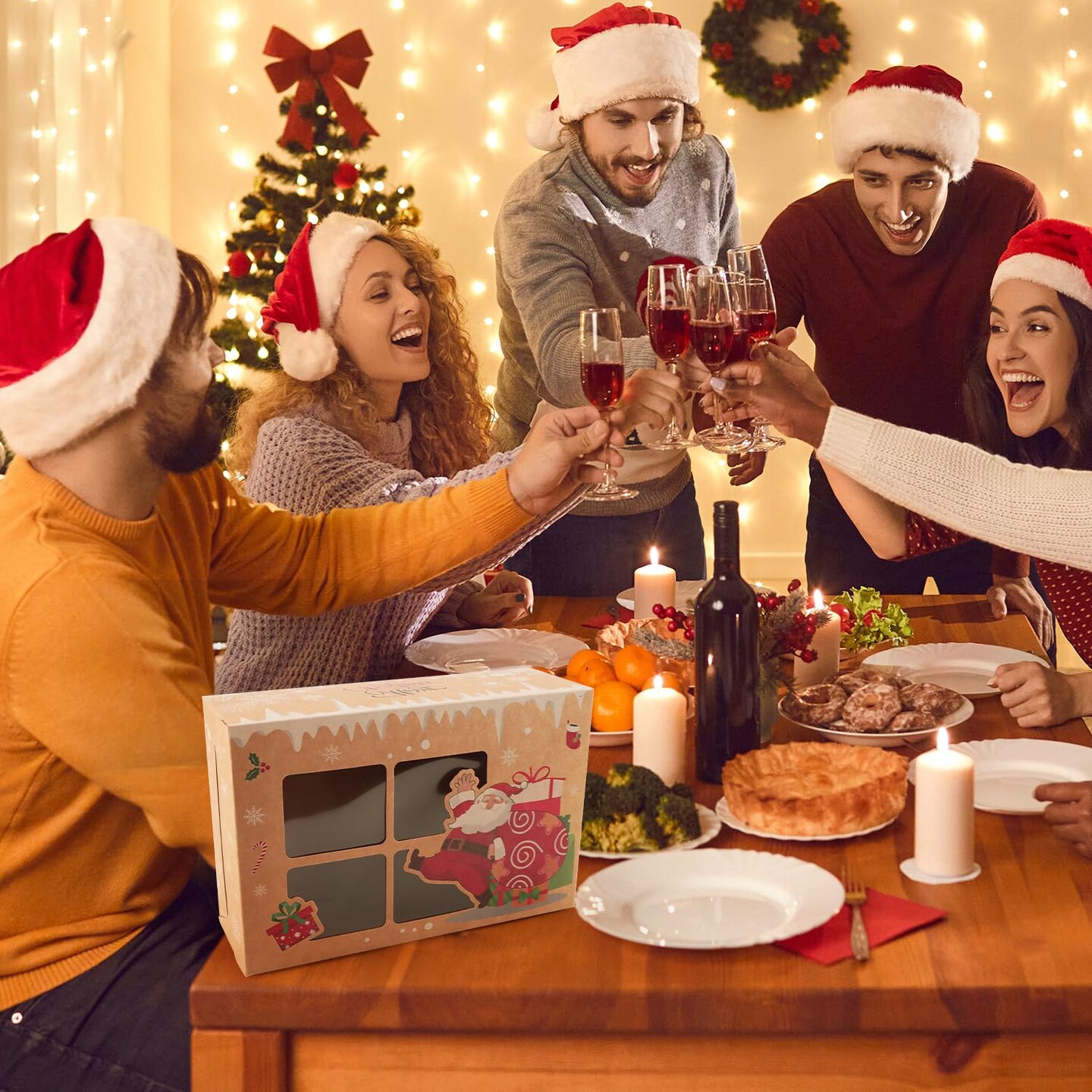 12 Pack Christmas Cookie Boxes for G-ift Giving,Holiday Bakery Cupcake Boxes with Window,Christmas Eve Pastry Boxes with Ribbons and Tags for Xmas Party Supplies Cookie Containers Treat Tins