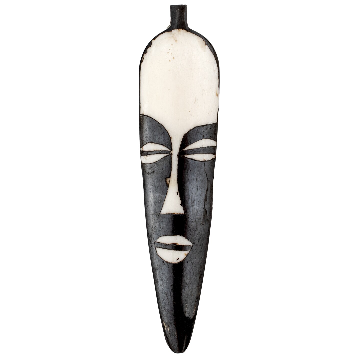 The Bead Chest Elongated Mask Batik Bone Feather Pendant 100x22mm Kenya African Black and White Flat Handmade
