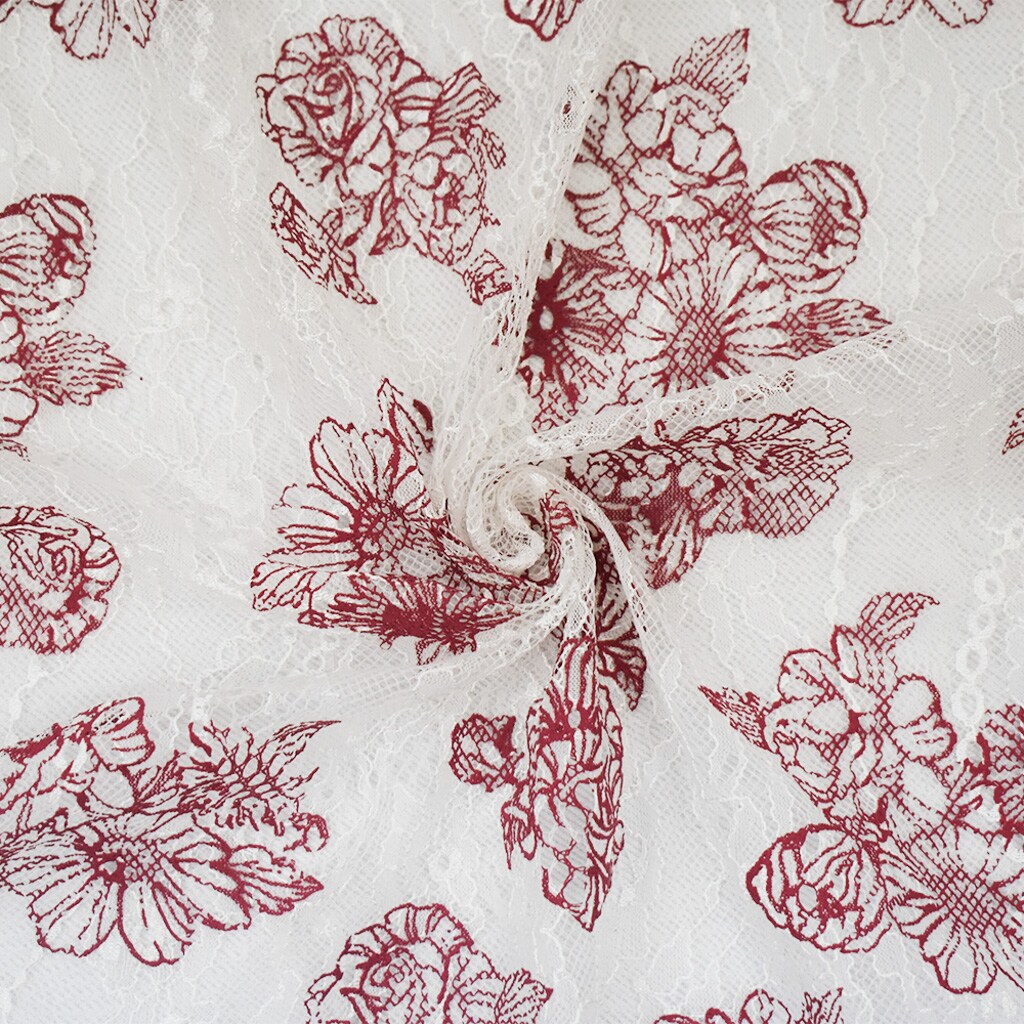 White-Deep Red Nylon Floral Printed Lace Mesh Knit Fabric By the Yard