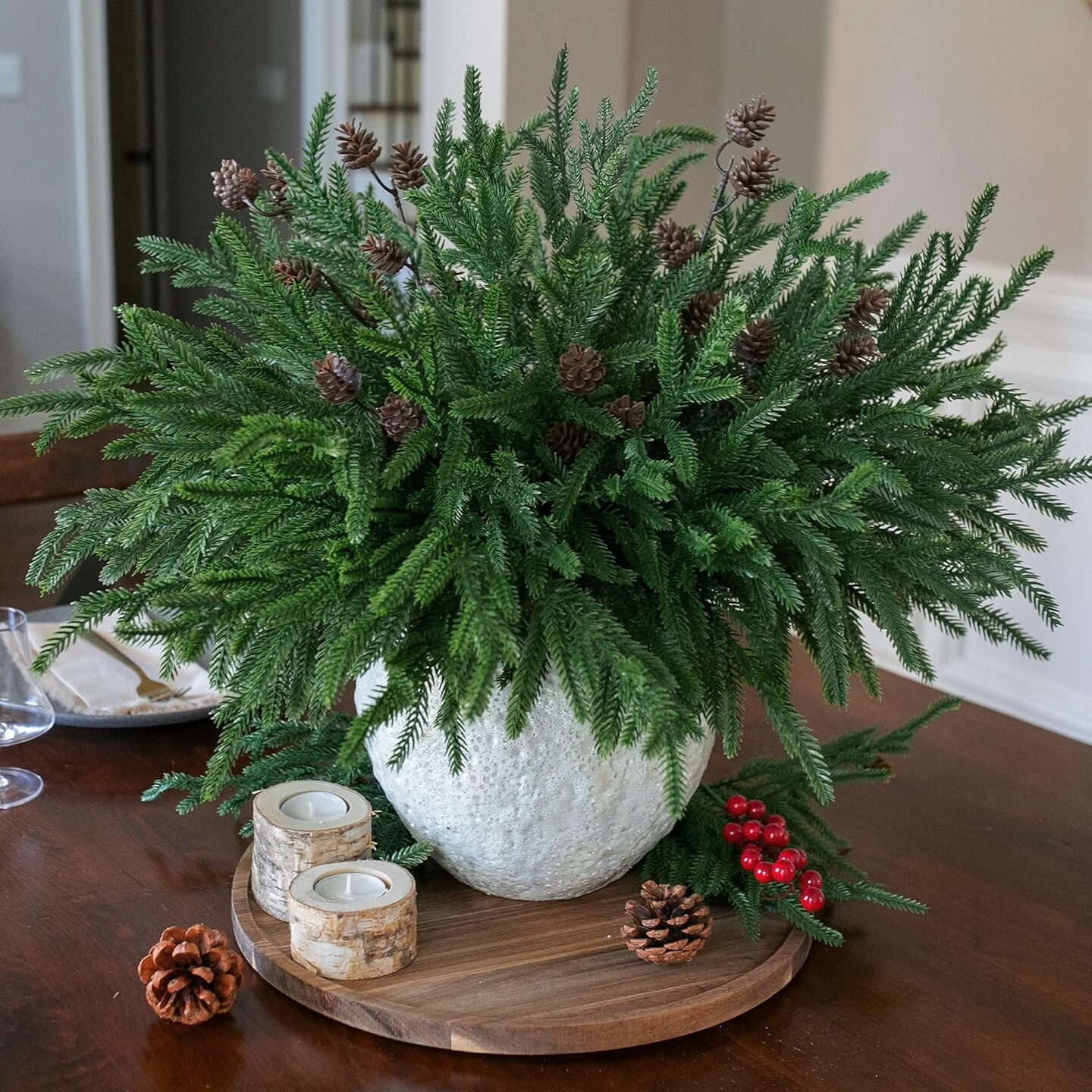 Artificial Christmas Norfolk Pine Stems Branches for Vases (Small Pine Cones) 1"D x 1"W x 1"H