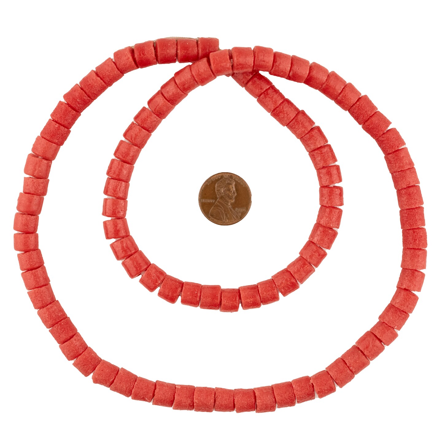 The Bead Chest Coral Color Sandcast Cylinder Beads 9mm Ghana African Red Glass Large Hole 24 Inch Strand Handmade