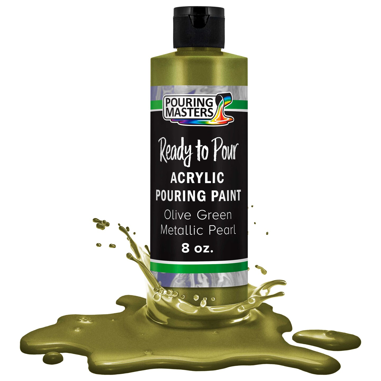 Pouring Masters Olive Green Metallic Pearl Ready to Pour Acrylic Pouring Paint - Premium 8-Ounce Pre-Mixed Fluid Acrylic Paint - Fluid Art Supplies for Canvas, Wood, Paper, Tile &#x26; Rocks