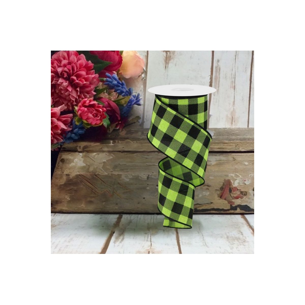 2.5&#x22; Checked Plaid Ribbon: Lime Green &#x26; Black (10 Yards)