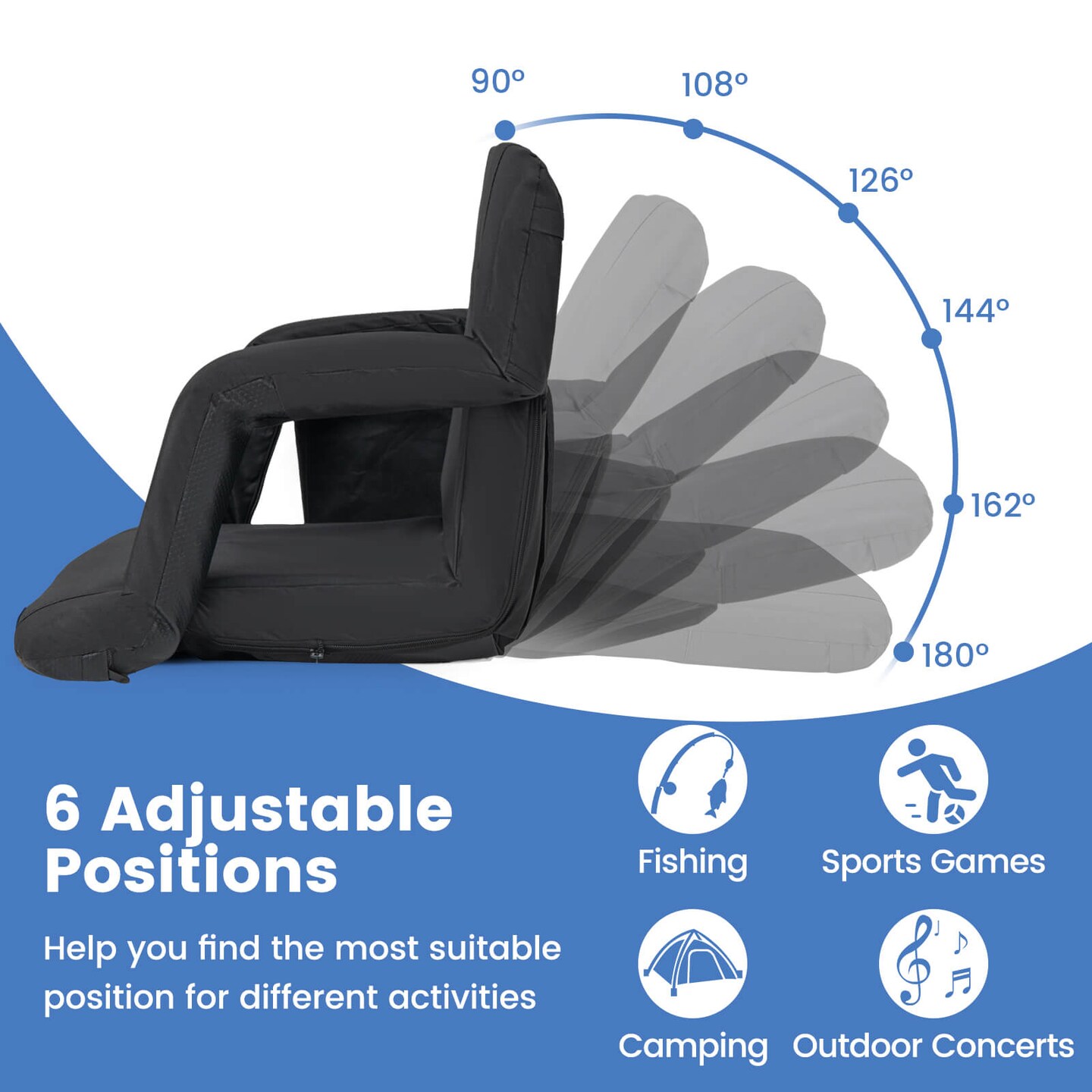 Costway 1/2 PCS Stadium Seat for Bleachers Bleacher Chair with 6 Adjustable Positions Back Support Black