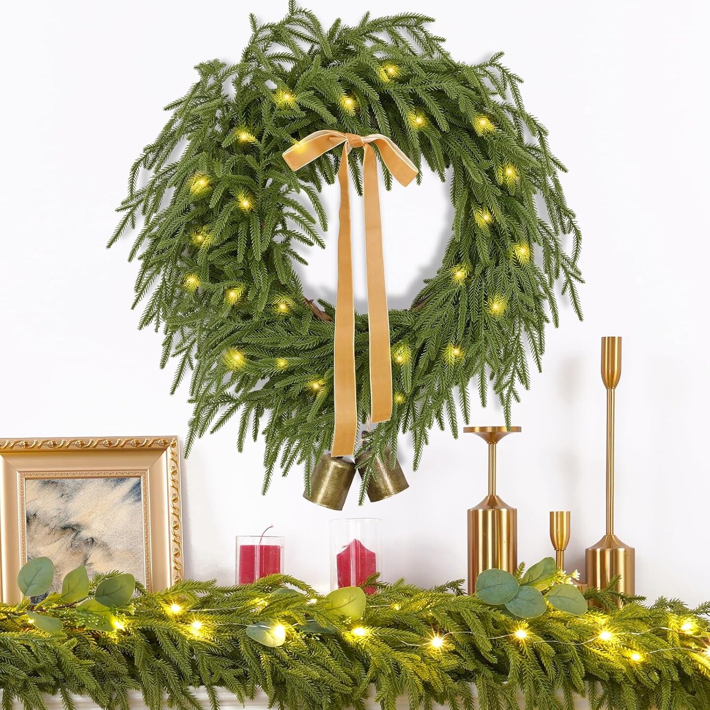 Christmas Wreath -24 Inch Real Touch Norfolk Pine Wreath for Front Door (Real Touch) 24"D x 24"W x 2"H