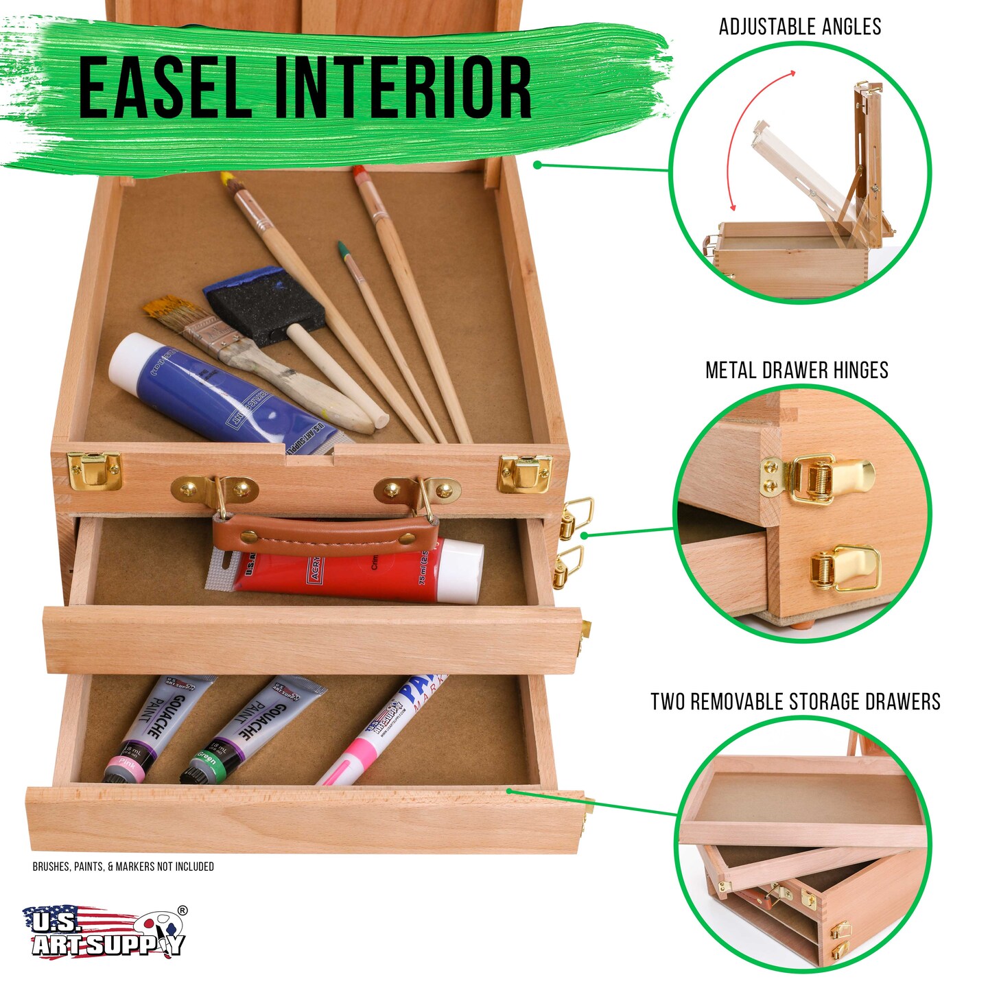 Extra Large 2 Drawer Adjustable Wood Sketchbox Easel with Storage - Portable Artist Desktop Easels for Drawing, Painting, Premium Beechwood - Table top Easel with Paint Palette, Case