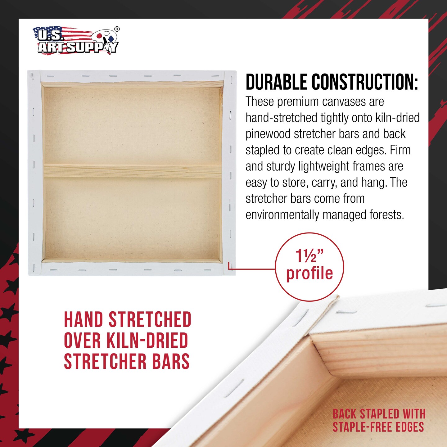 Large Stretched Canvas for Painting 20x20 inch Gallery Depth 1-1/2&#x22; Thick, 3-Pack - 12oz Acrylic Gesso Triple Primed, Professional Artist Quality, 100% Cotton - Oil, Pouring Paint