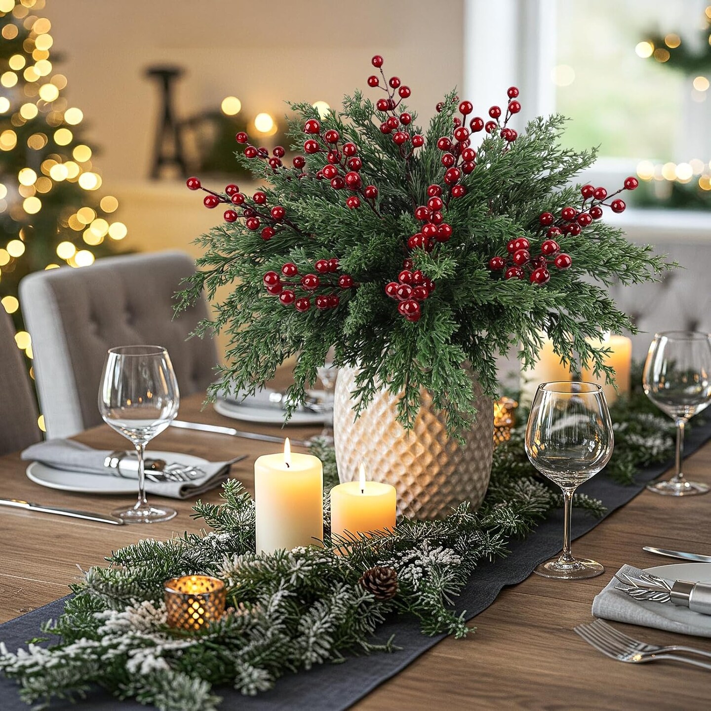 84Pcs Christmas Artificial Pine Branches with Red Berry Stems (Green) 3&#x22;D x 4&#x22;W x 17.7&#x22;H