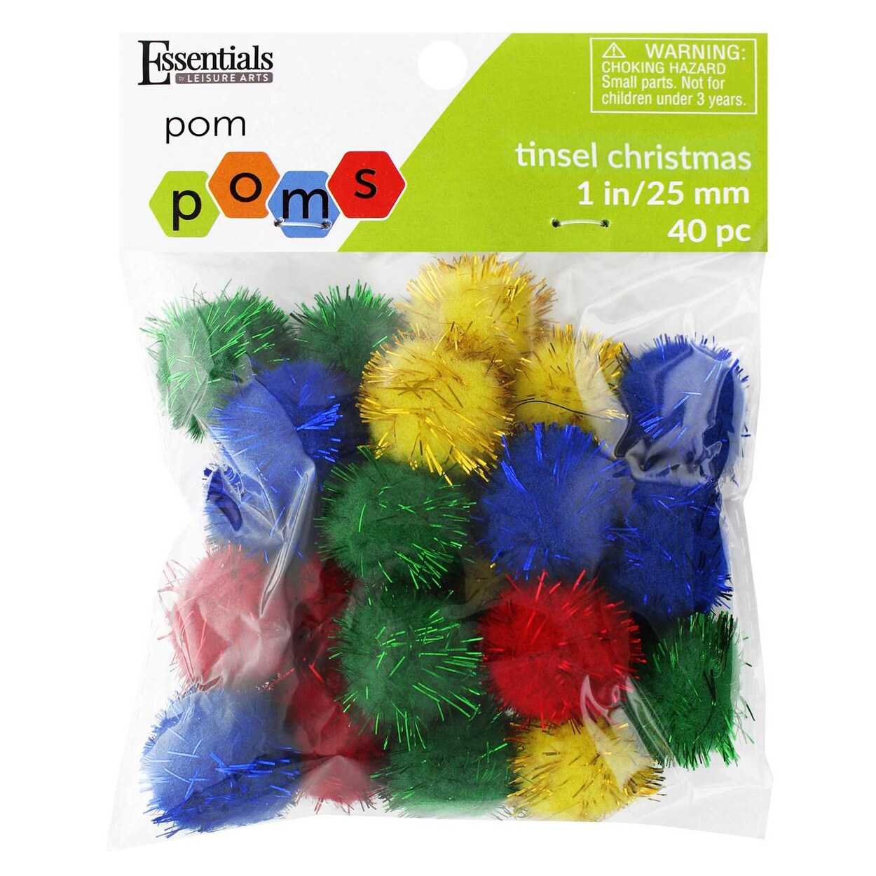 Essentials By Leisure Arts Pom Poms 1 Inch Tinsel Christmas 24 Pack – Fluffy Holiday Craft Supplies for Decorations & DIY Ornaments – Red Green Blue Yellow Colors