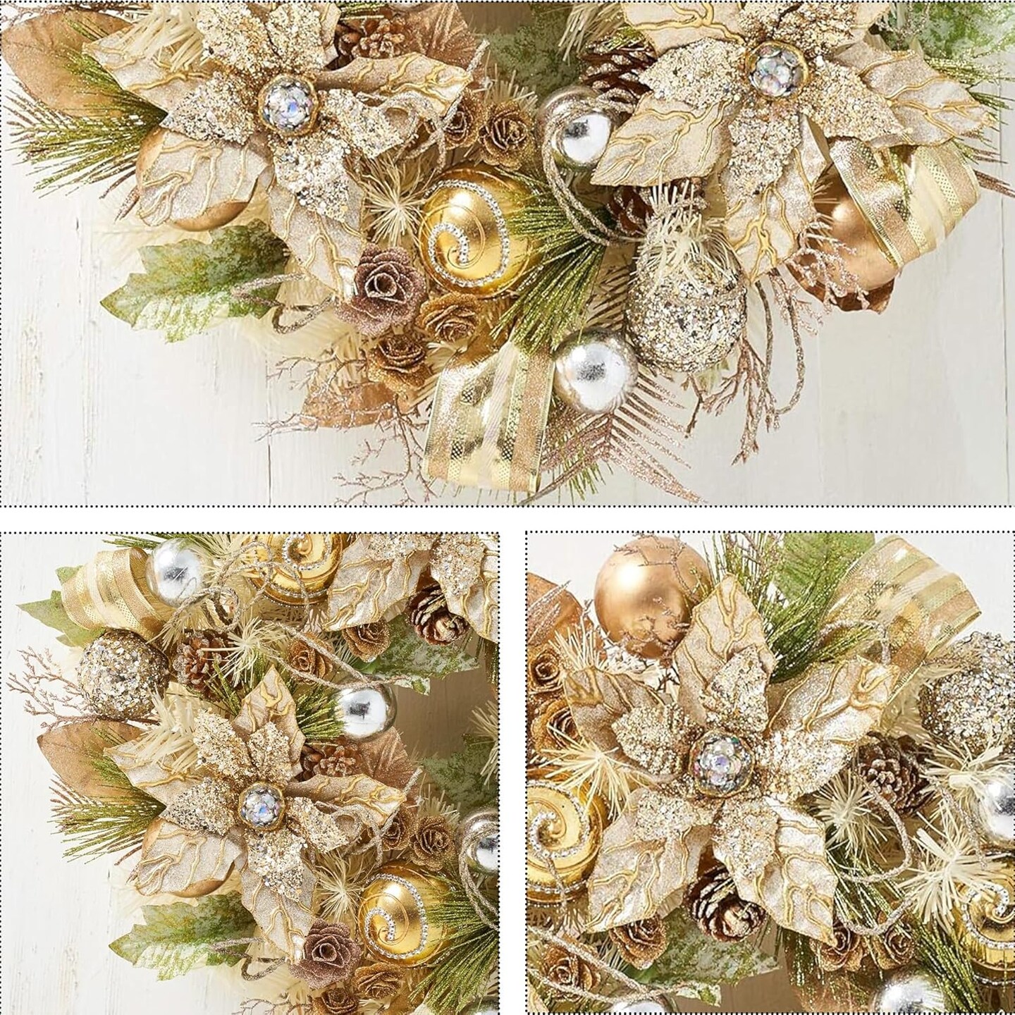 Champagne Gold Poinsettia Wreath - 22&#x22; Handcrafted Holiday D&#xE9;cor - Holiday Tree