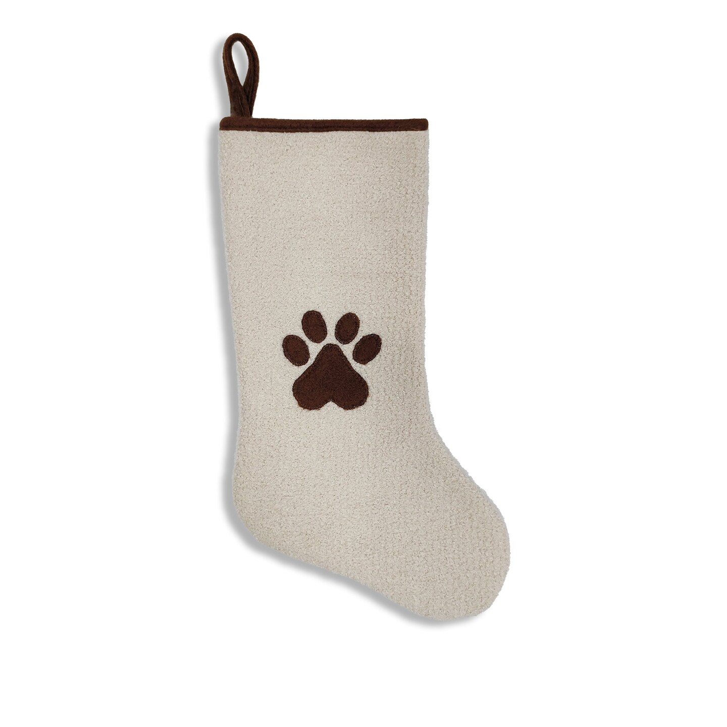 Boucl&#xE9; Pet Christmas Stocking wth Paw Print and Brown Trim