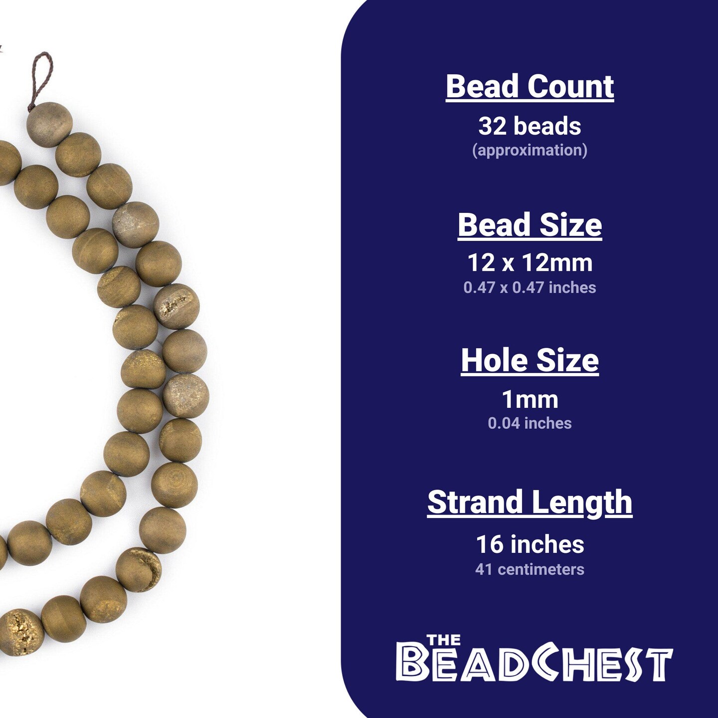 The Bead Chest Gold Round Druzy Agate Beads (12mm): Organic Gemstone Round Spherical Energy Stone Healing Power Crystal for Jewelry Bracelet Mala Necklace Making