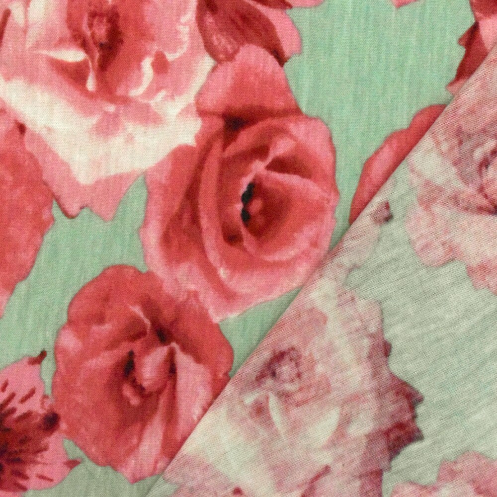 Mint Green-Pink-Multi Rose Printed Slub Rayon Stretch Jersey Knit Fabric By the Yard
