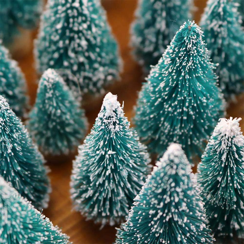 24 Mini Bottle Brush Christmas Trees with Wood Base (Blue-green) 3"D x 3"W x 0.75"H