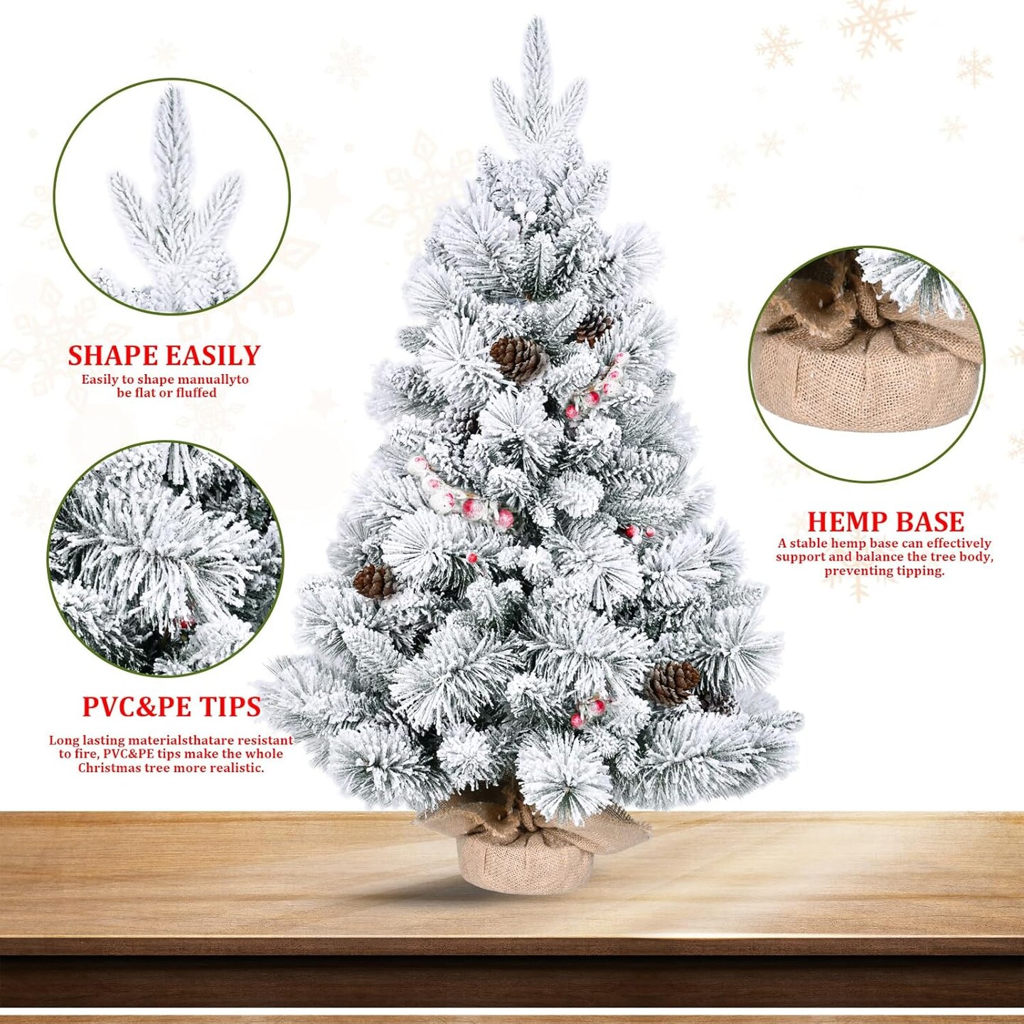 3FT Artificial Christmas Tree with Berries for Tabletop (White) 21&#x22;D x 21&#x22;W x 36&#x22;H