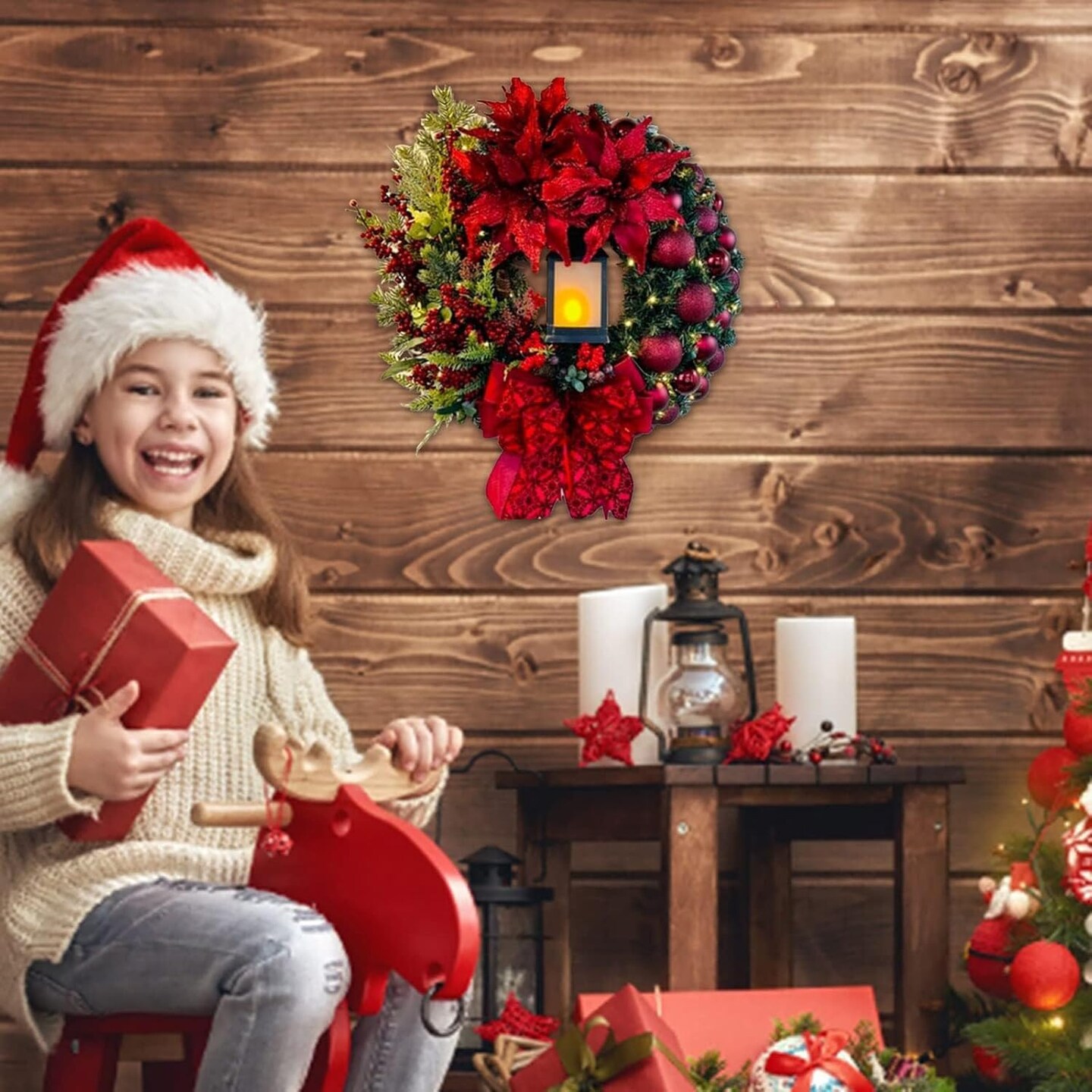 Pre-Lit Christmas Wreath With Lights (Red) 4"D x 17.6"W x 17.6"H