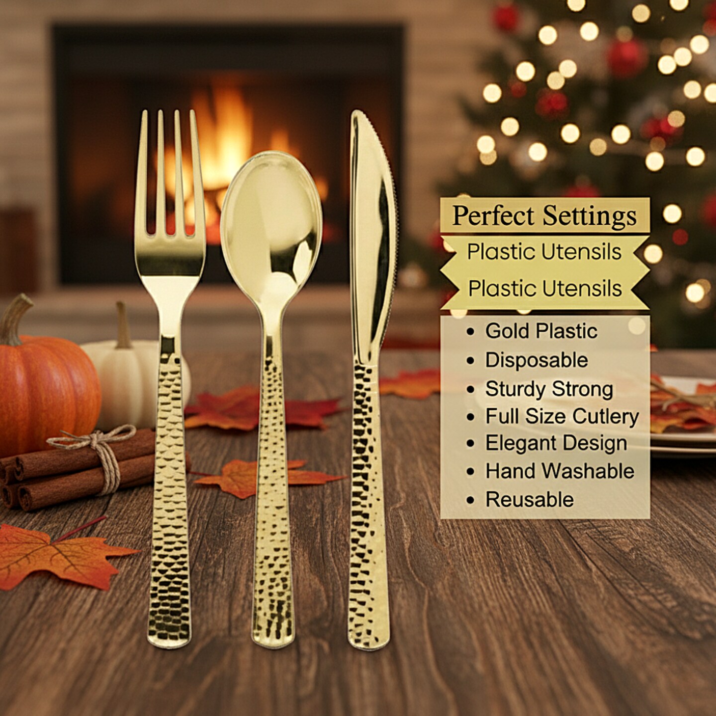 150 Piece Gold Hammered Finish Plastic Cutlery Utensil Set - Metallic Plastic Silverware Set (50 Sets)