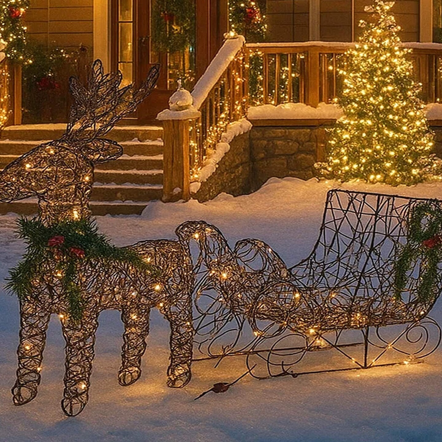 Christmas Reindeer and Sleigh LED Display Brown with Sparkling Warm White Lights 19.69 x 7.28 x 16.14 inch