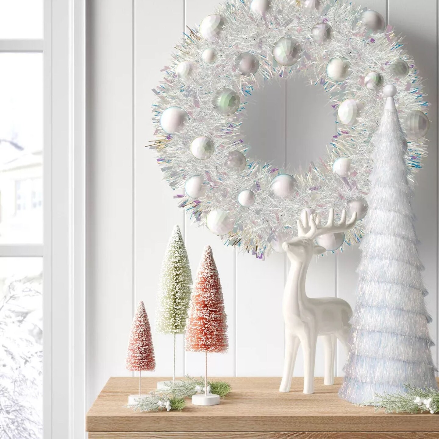Iridescent Tinsel Christmas Wreath with Plastic Ornaments Shimmering Holiday Wall Décor