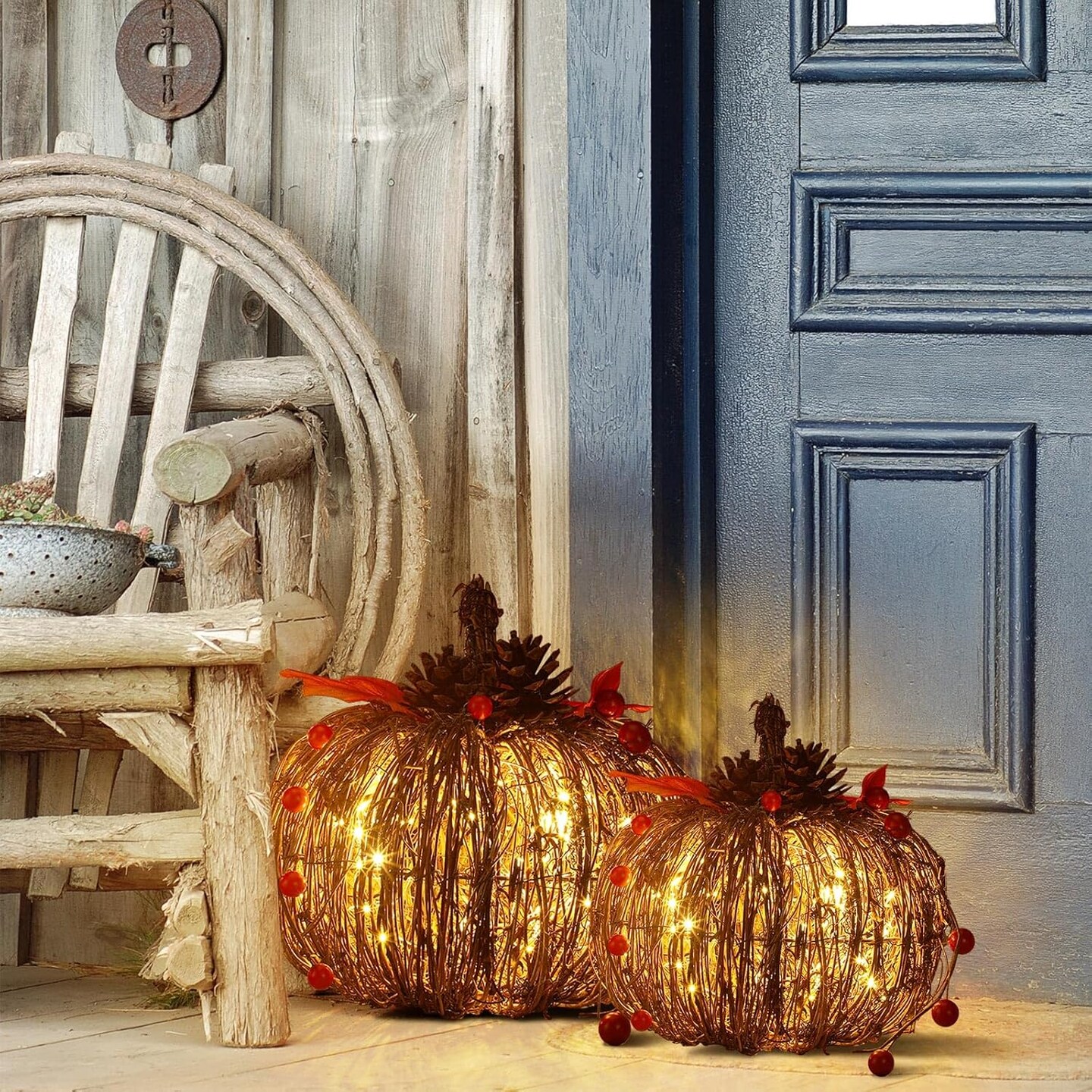 2 Pcs Rattan Lighted Pumpkin Fall Decorations - Brown