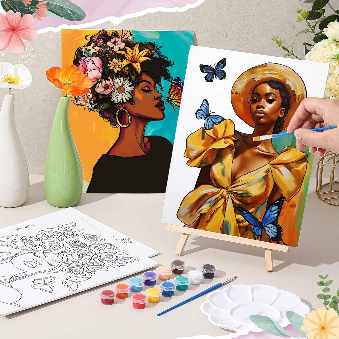 16-Set Pre-Drawn Canvas Painting Kit for Sip & Paint Parties – 8 x 10 Inch Preprinted Canvases with Easels, Brushes, Paints & Disposable Aprons for Adults & Kids (Black Girl Theme)