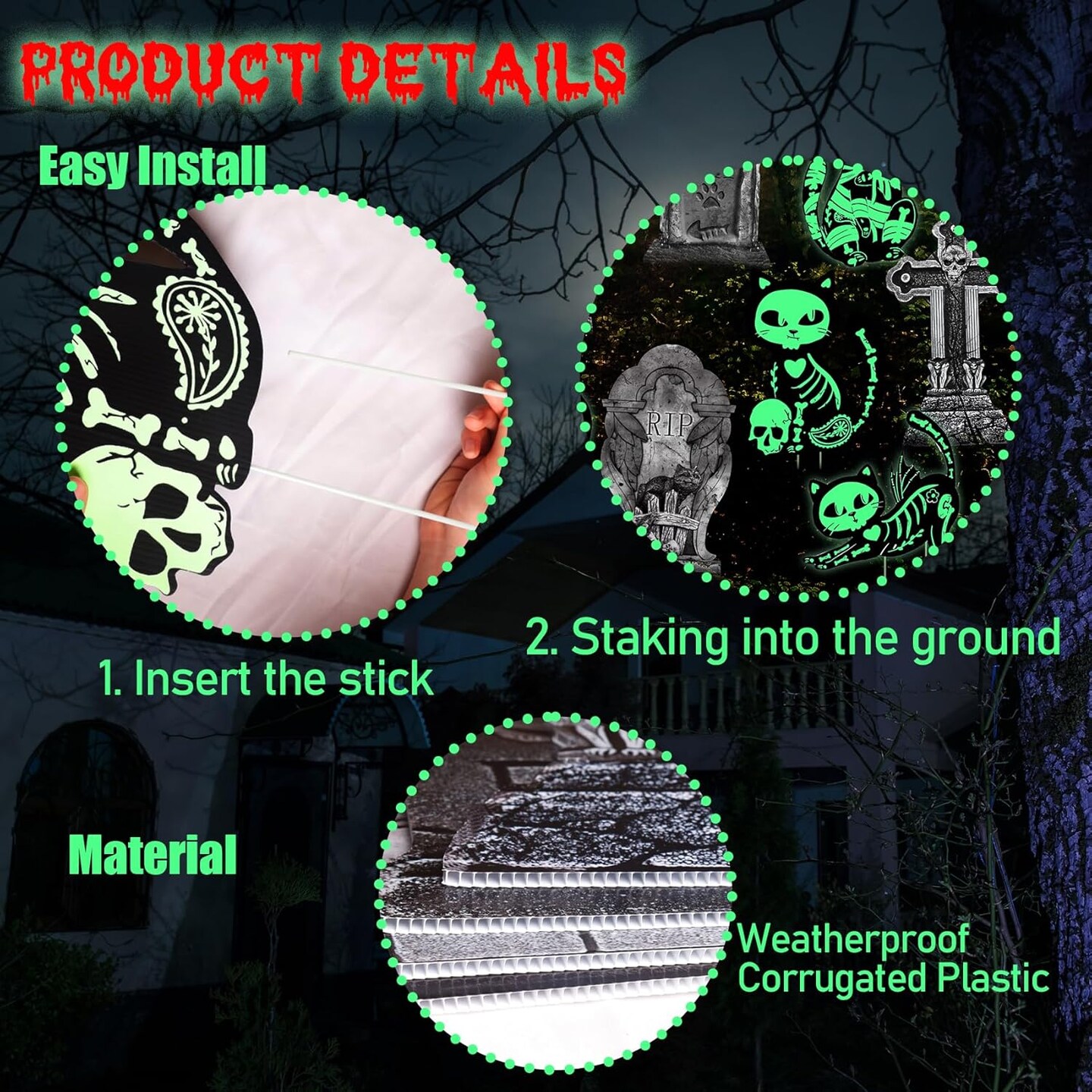 8PCS Halloween Decorations Outdoor, 4pcs Glow in the Dark Black Cat 4pcs Graveyard Tombstones Signs