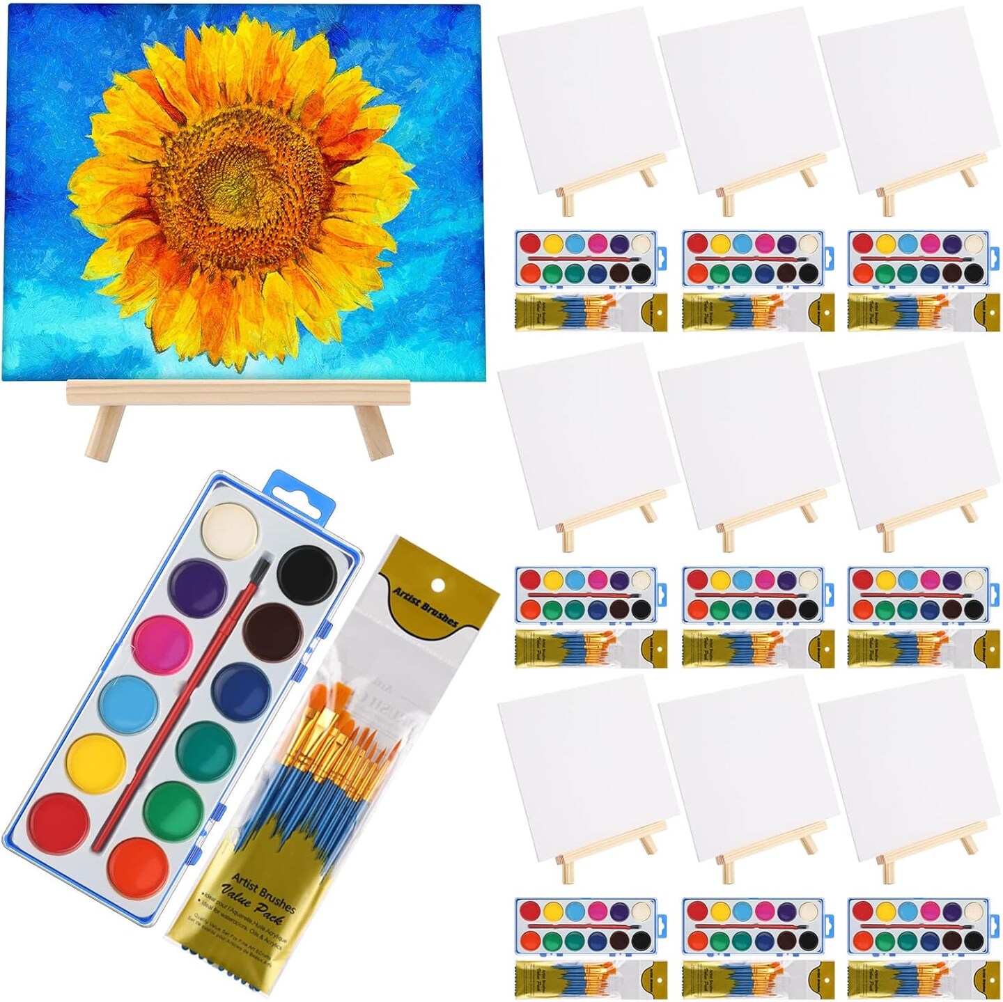 10-Set Watercolor Painting Kit – 8"x10" Canvas with Wooden Easels, 12 Watercolor Paints & Brushes for Adults, Kids, Art Parties, Classroom Supplies & Back-to-School Gifts