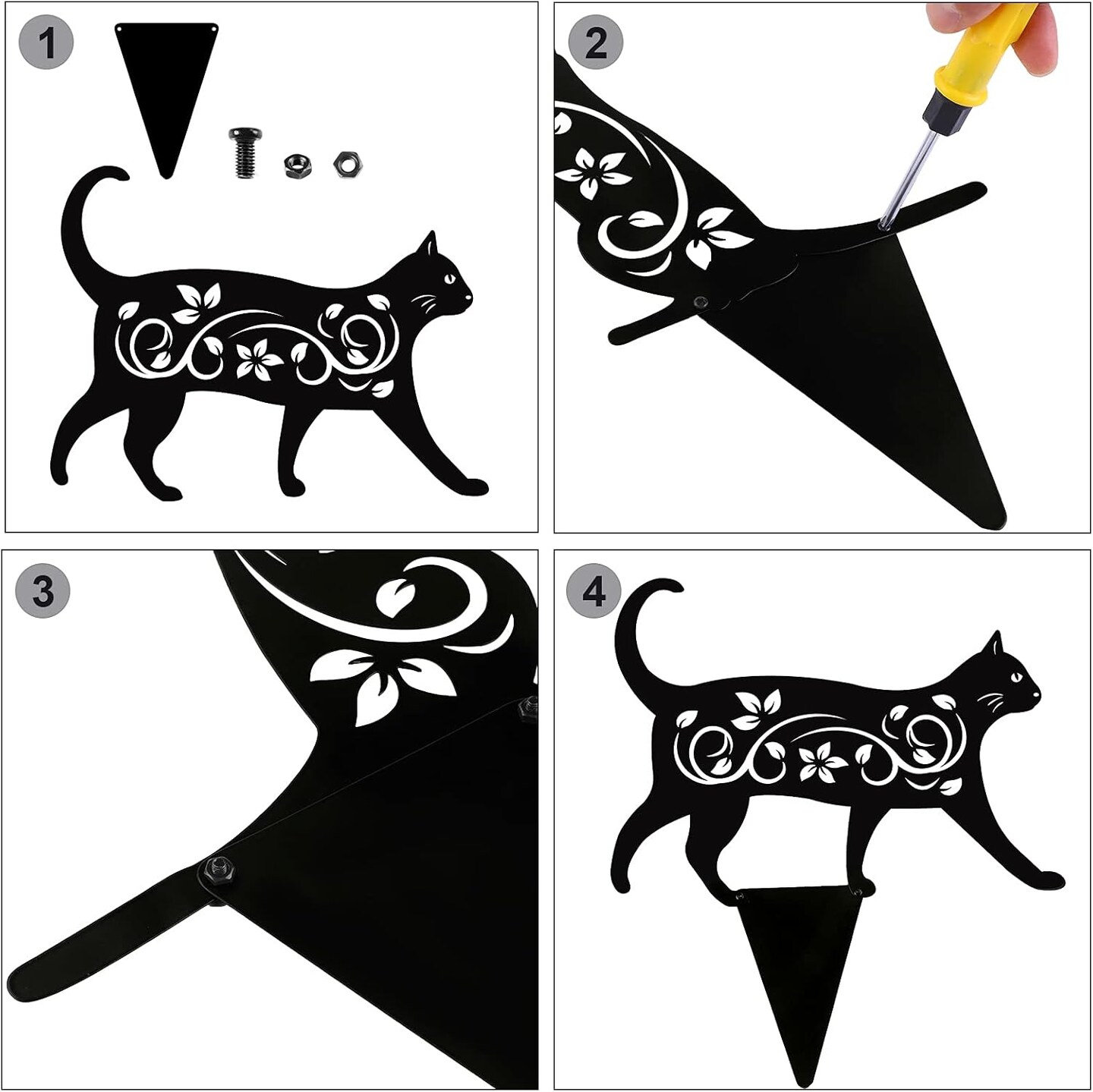 4 Pack Black Cat Silhouette Cute Metal Cat Garden Statues