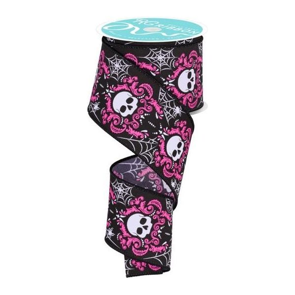 2.5" Skull Damask Ribbon: Pink (10 Yards)