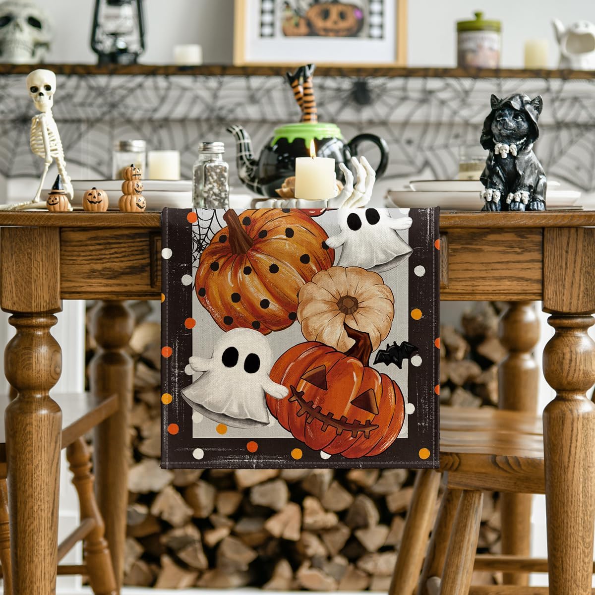Jack-O'-Lantern Pumpkin Ghost Spider Web Halloween Table Runner - Black Beige