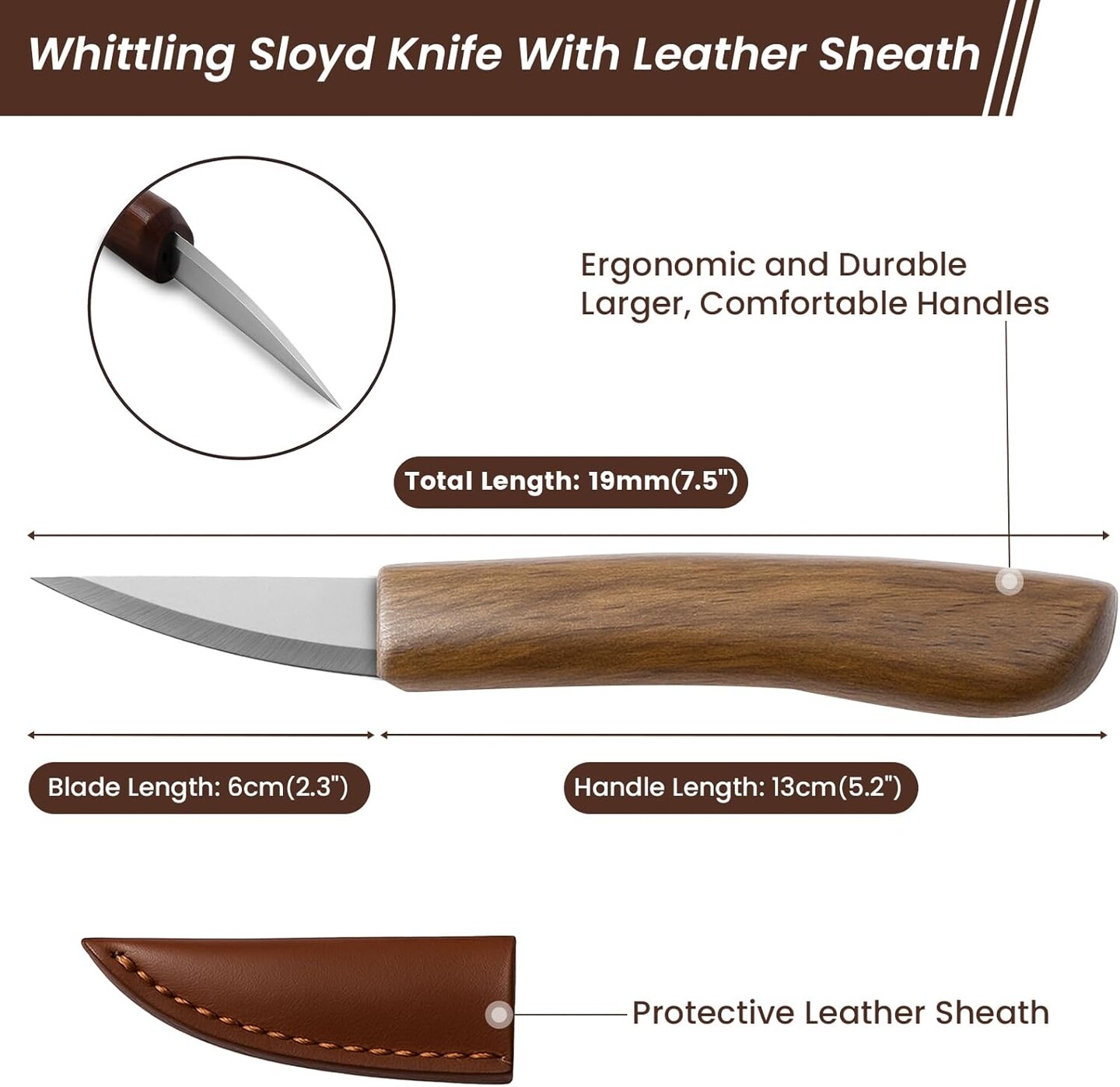 Wood Carving Knife for Beginners – Whittling Knife with Walnut Handle & Leather Sheath for Adults, Professionals & Woodworking Enthusiasts (Brown)