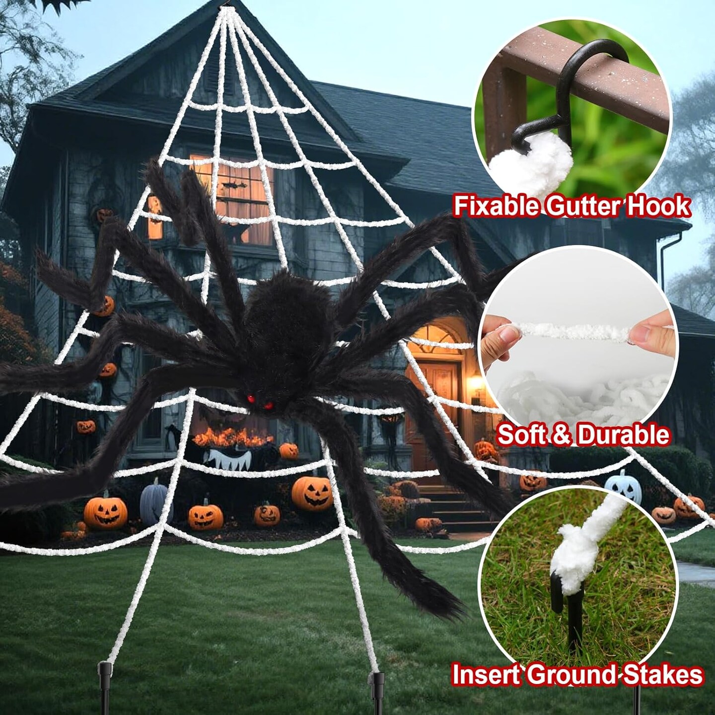 236" Giant Spider Web Halloween Decoration with 70" Huge Spider – Triangular Outdoor & Indoor Halloween Spider Web for House, Yard, Porch, and Party Decor (White, Black)