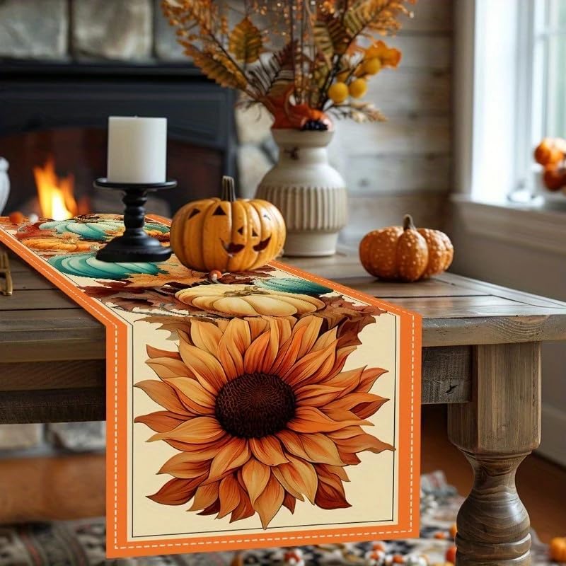 Fall Pumpkin & Sunflower Halloween Table Runner 13x36 Inch – Seasonal Autumn Dining & Kitchen Decor for Holiday Parties (Orange, Brown)