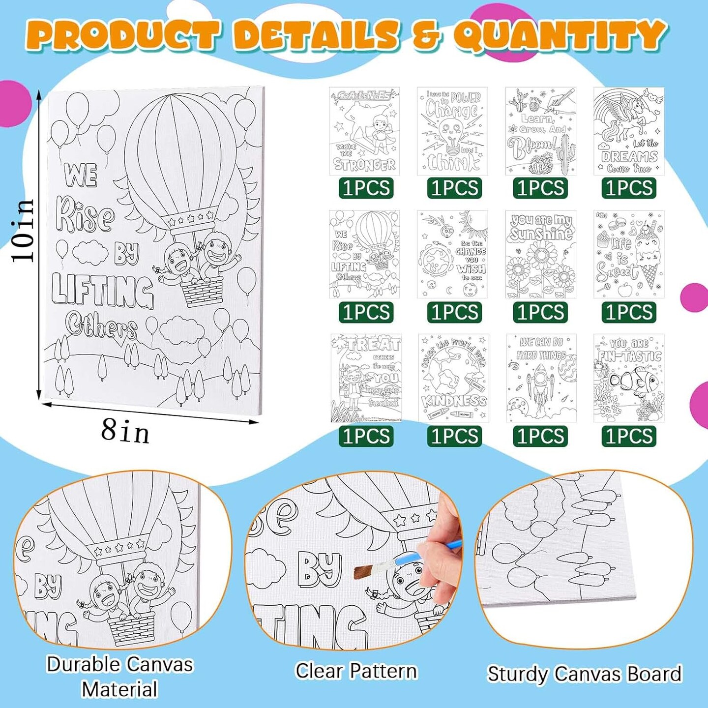 12-Pack Pre Drawn Canvas Painting Kit for Kids – 10 x 8 Inch Pre Printed Motivational Canvases, Cute Pictures to Paint, Ideal for Valentines, Party Favors, and DIY Art Activities (multicolor)