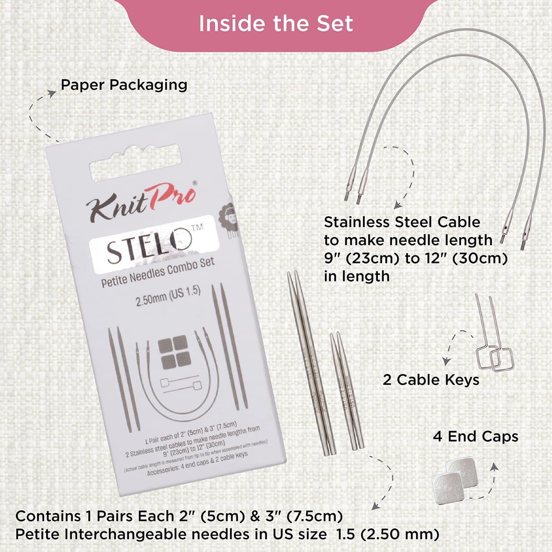 KnitPro Stelo Petite Interchangeable Knitting Needle Combo Set 2" (5cm) & 3" (7.5cm) US 1.5 (2.5mm)