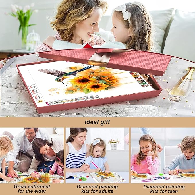 Diamond Painting Kits for Adults Hummingbird Sunflower, 5D DIY Diamond Art Kits for Beginners Round Full Drill Diamond Painting for Home Wall Decoration Gift 12×12inch, Bird