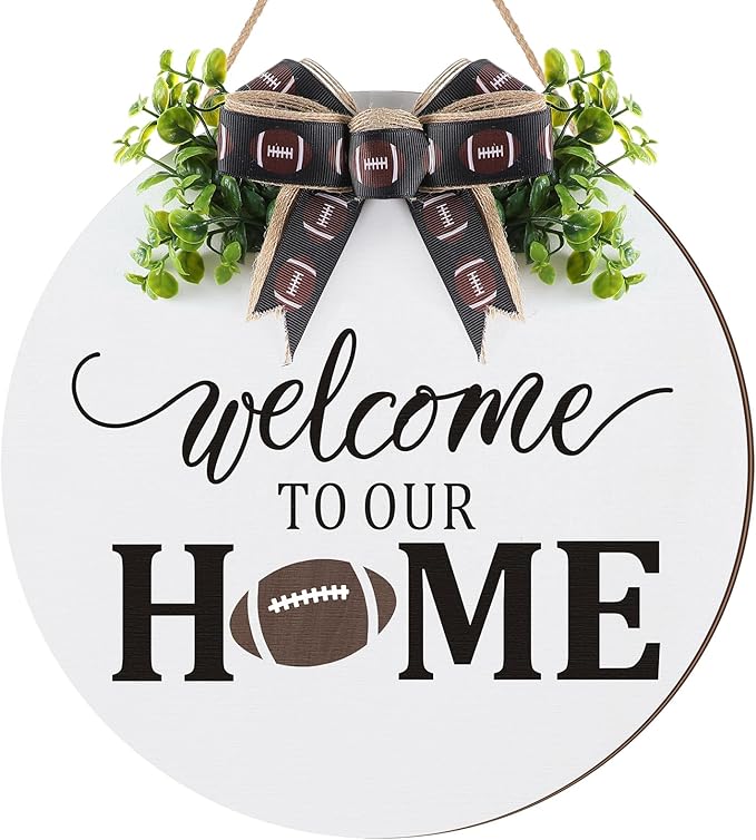 Hello Football Sign for Front Door Football Wooden Hanging Sign Welcome to Our Home Wreaths with Bow Farmhouse Wall Decoration for Home Game Front Porch Decor