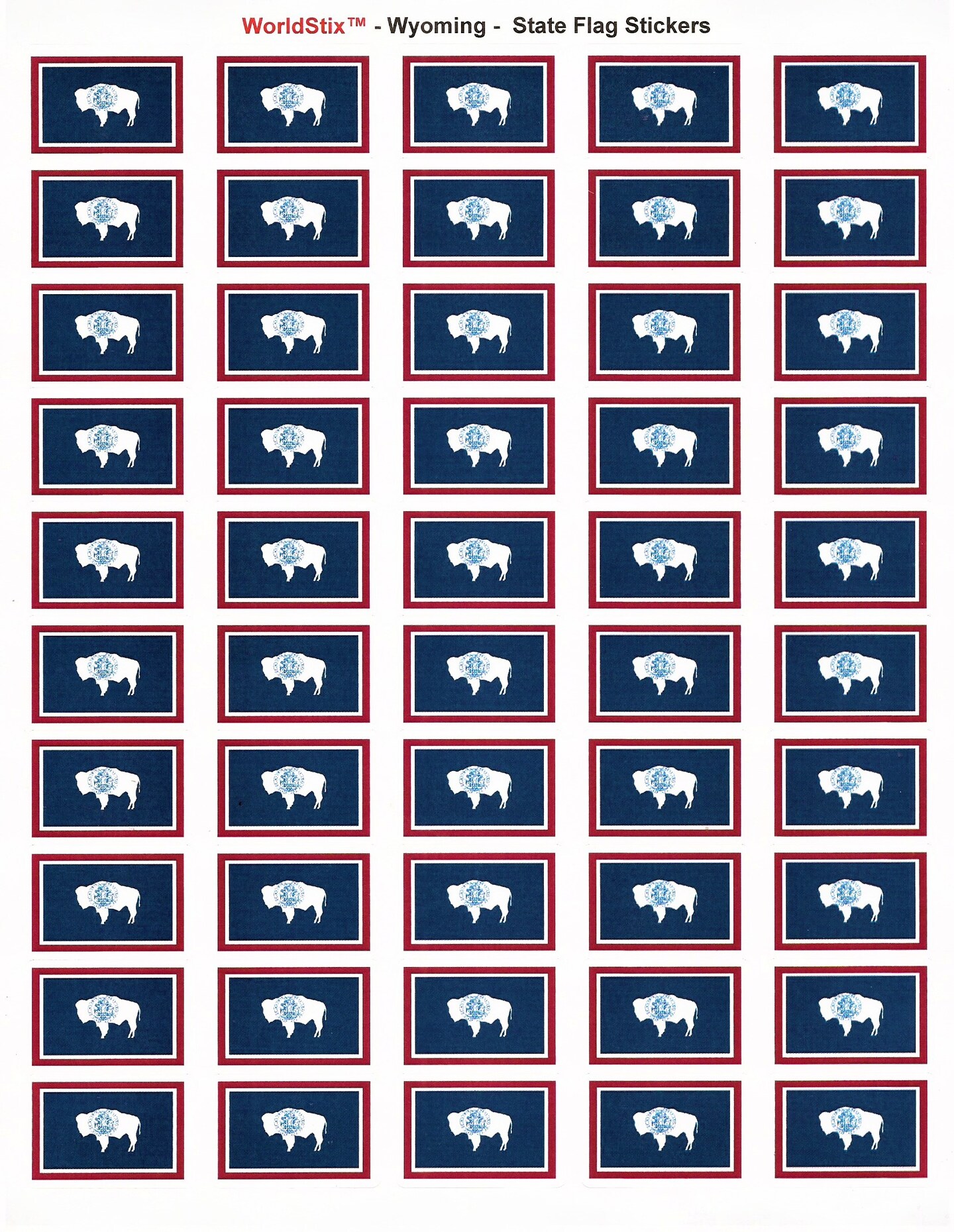 100 Wyoming Flag Stickers; 1.5" x 1" Made in America Self Adhesive State Flag Scrapbook Stickers, Two Sheets of 50, 100 Sticker Decal Flags